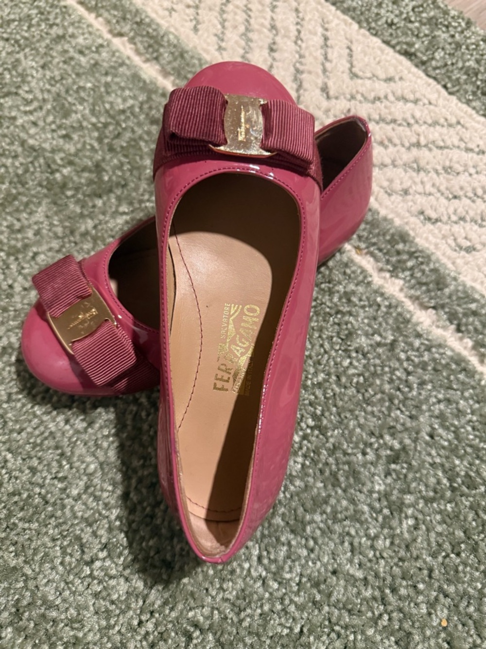 Salvatore Ferragamo Raspberry Patent Vara Bow Flats